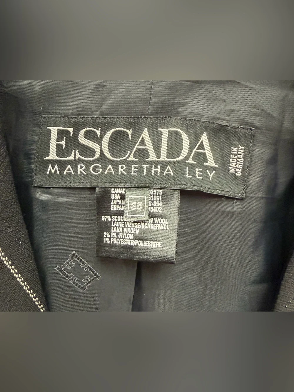 Escada Black Pinstripe Blazer with Gold Buttons Size 36